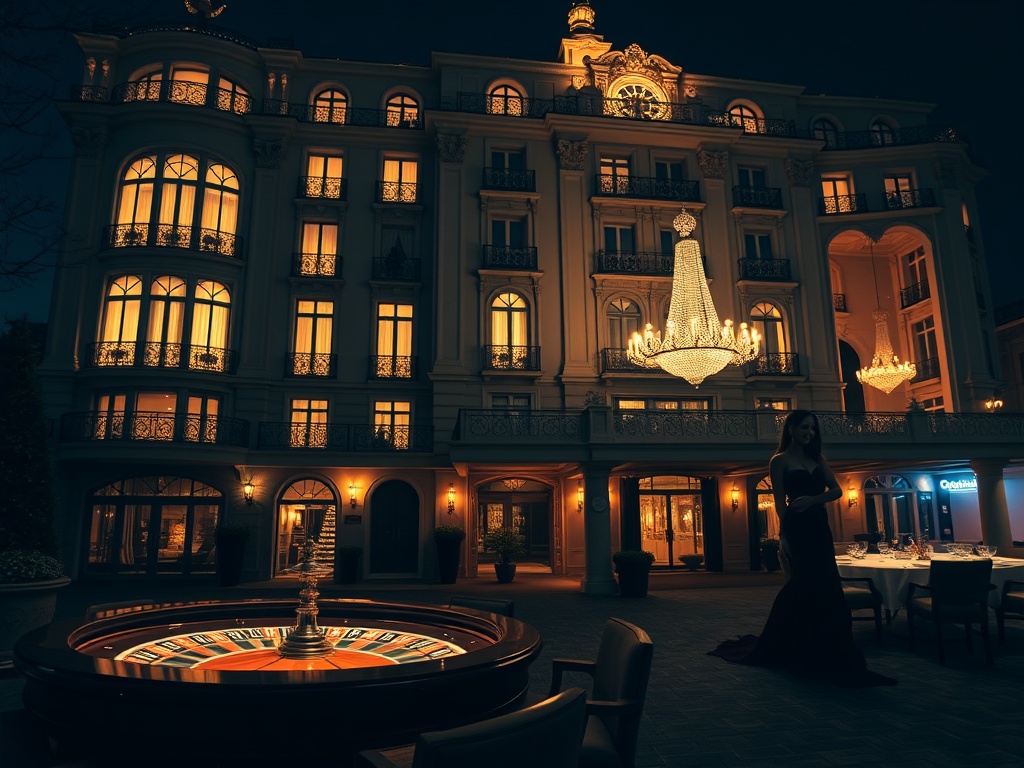 "Opulent Warsaw-inspired palace hotel exterior at night" "glowing elegant suites windows" "luxury casino lounge interior" "roulette table, blackjack ambiance, poker chips" "fine dining table" "spa steam and massage glow" "couples in velvet evening attire"