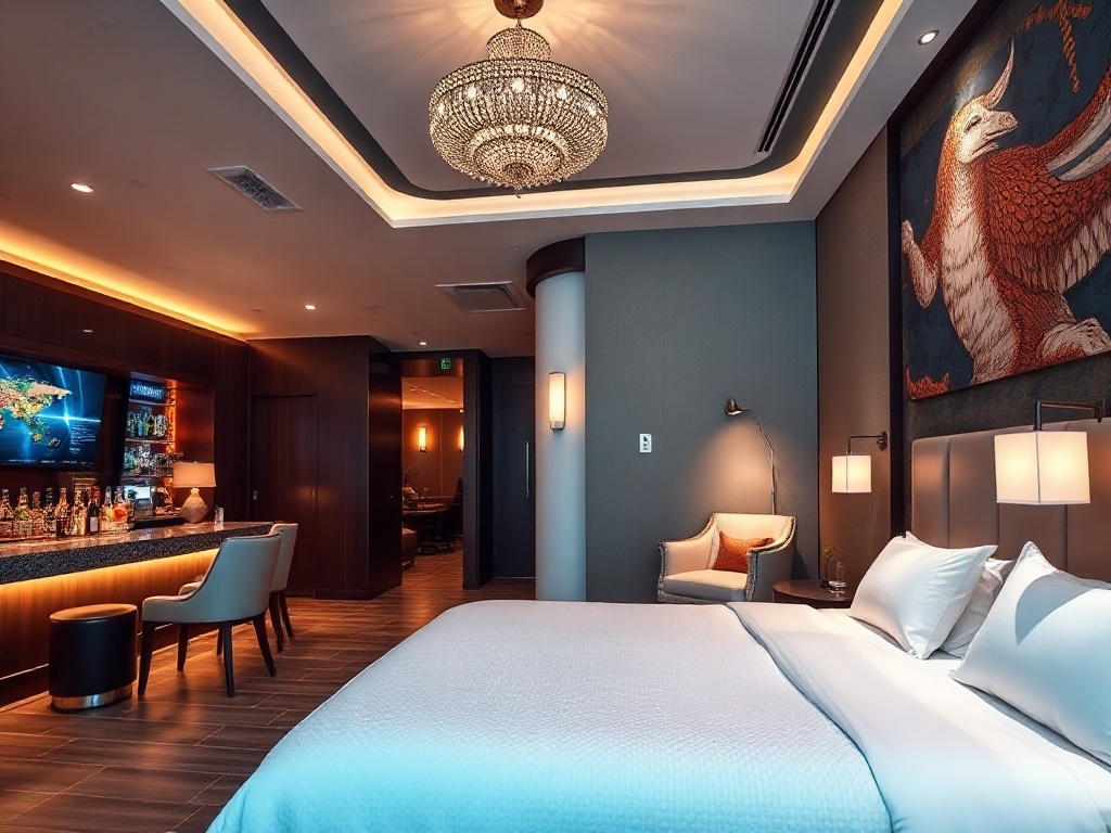 "modern Canadian casino hotel mobile hero view" "elegant lobby" "lit cocktail bar" "luxury bed" "spa glow" "live stage lights" "rounded booking button shapes" "safe, polished atmosphere"
