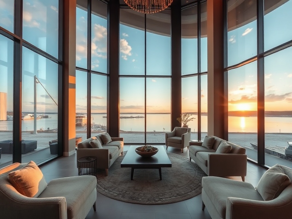 "Warm modern lobby with Canadian lake view through floor-to-ceiling windows, plush seating, soft lighting, subtle luxury spa ambiance, panoramic comfort, inviting atmosphere"