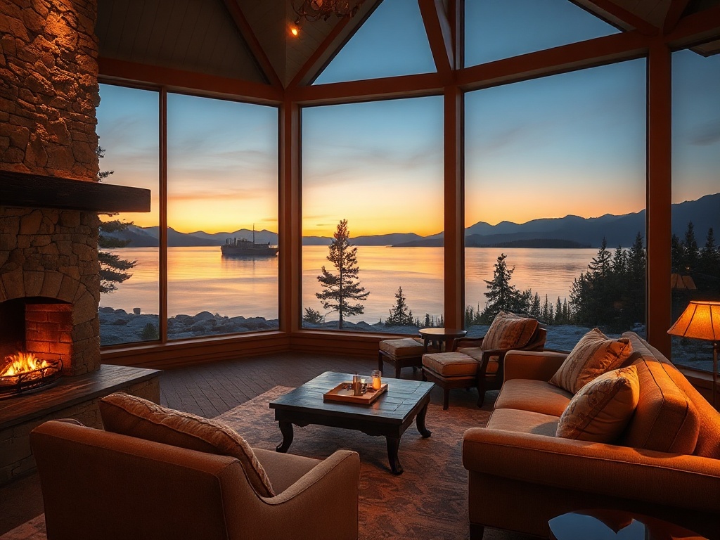 "Upscale Canadian resort lounge scene at dusk" "soft amber lighting" "stone fireplace" "plush seating" "luxury room glimpse" "lush textures" "spa mist glow" "serene lakeside mountains view"