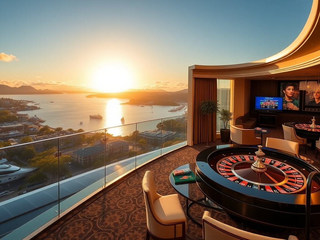 “sunlit harbor-view luxury suite overlooking Australian coastline,” “elegant casino gaming lounge with roulette tables,” “soft spa ambience,” “golden evening lighting,” “premium glamour.”