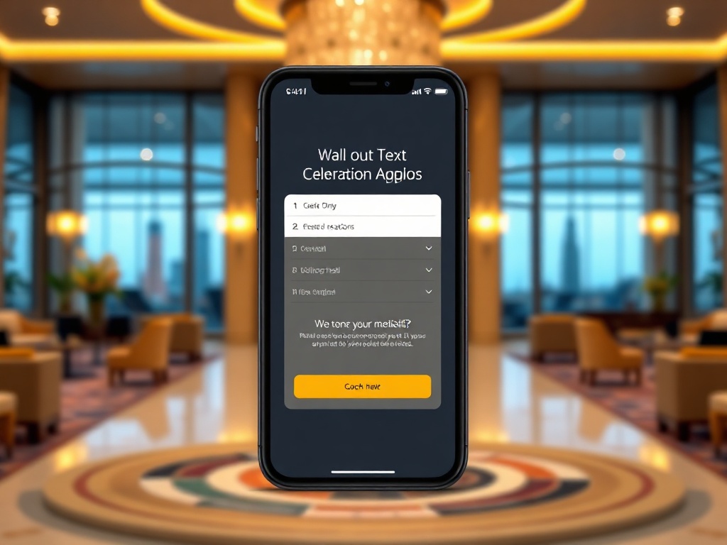 "Mobile phone mockup displaying a modern booking call-to-action panel" "elegant Canadian casino-hotel lobby background" "warm golden lighting" "sleek buttons" "adults-only celebratory atmosphere".