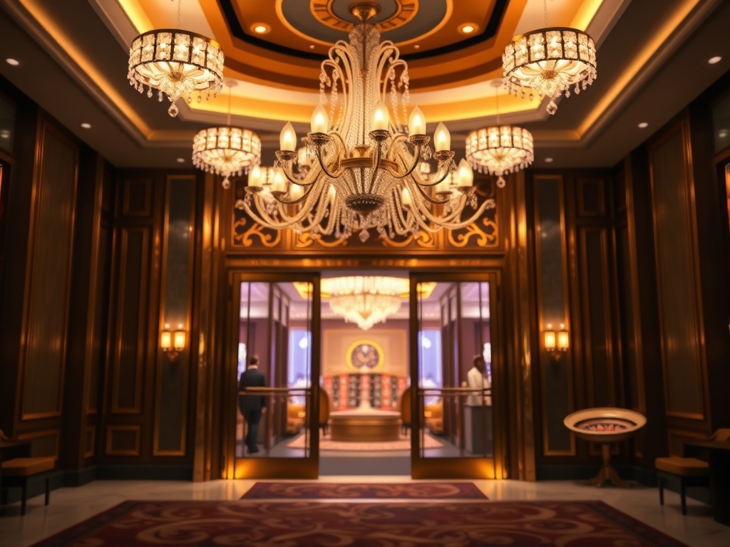 A luxury casino hotel header scene with chandelier-lit entrance, elegant double doors, golden ambient lighting, blurred roulette glow in distance, spa hints.
