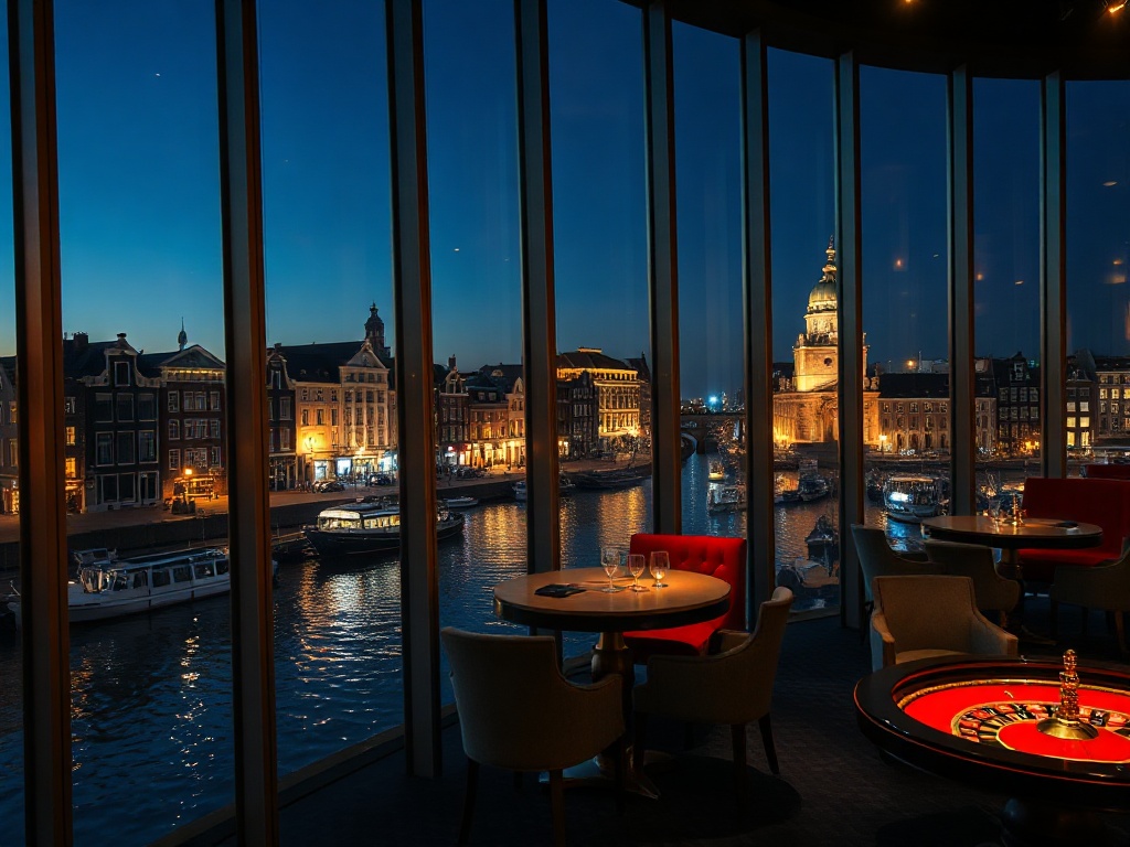 "Luxurious Amsterdam casino-hotel scene at night, panoramic canal view through tall windows, elegant suite lounge with soft lighting, distant roulette-style ambiance, refined dining table, subtle spa glow, modern Dutch architecture."