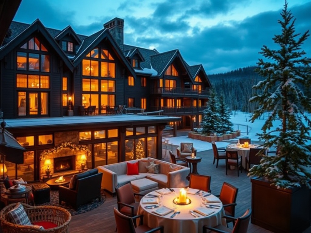 "luxury Canadian mountain-lodge resort courtyard at dusk" "glowing fireside lounge" "panoramic premium suite windows" "spa steam and robes silhouette" "elegant dining table with seasonal cuisine" "modern event hall with soft lights" "adult-only casino lou