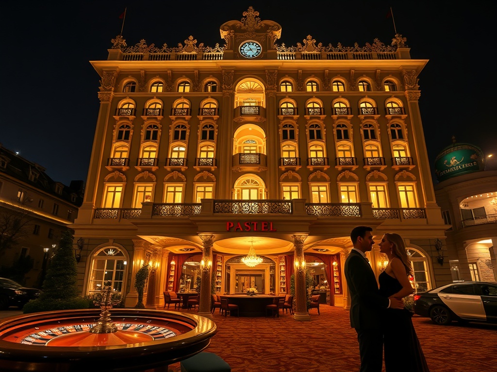 "Opulent Warsaw-inspired palace hotel exterior at night" "glowing elegant suites windows" "luxury casino lounge interior" "roulette table, blackjack ambiance, poker chips" "fine dining table" "spa steam and massage glow" "couples in velvet evening attire"