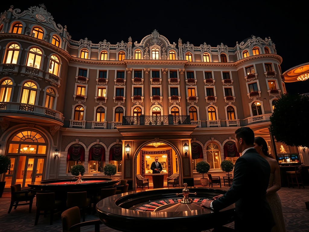 "Opulent Warsaw-inspired palace hotel exterior at night" "glowing elegant suites windows" "luxury casino lounge interior" "roulette table, blackjack ambiance, poker chips" "fine dining table" "spa steam and massage glow" "couples in velvet evening attire"