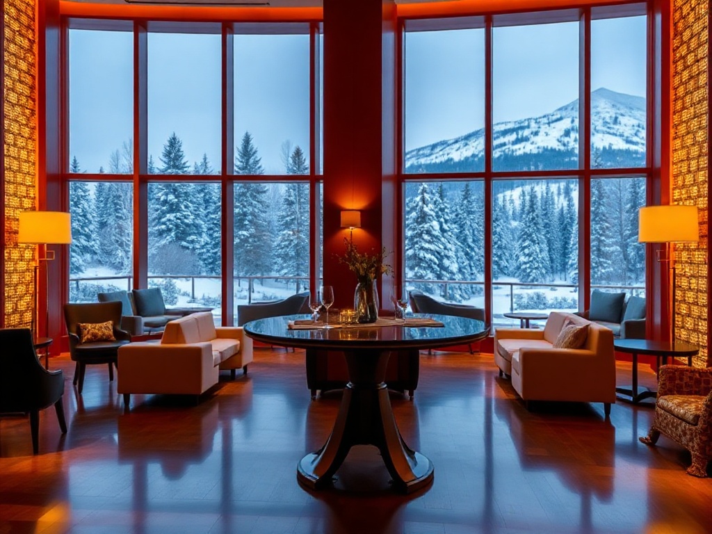 "Modern Canadian casino hotel lounge interior with elegant dining table, warm amber lighting, polished wood, soft sofas, panoramic snow-lit windows, luxury ambiance." "A subtle spa-glow in background."