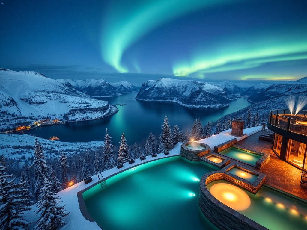 Panoramic Norway luxury casino resort overlooking snowy fjords at night, elegant suite windows, warm gaming lounge glow, serene Nordic spa steam, heated pool reflections, Northern Lights.
