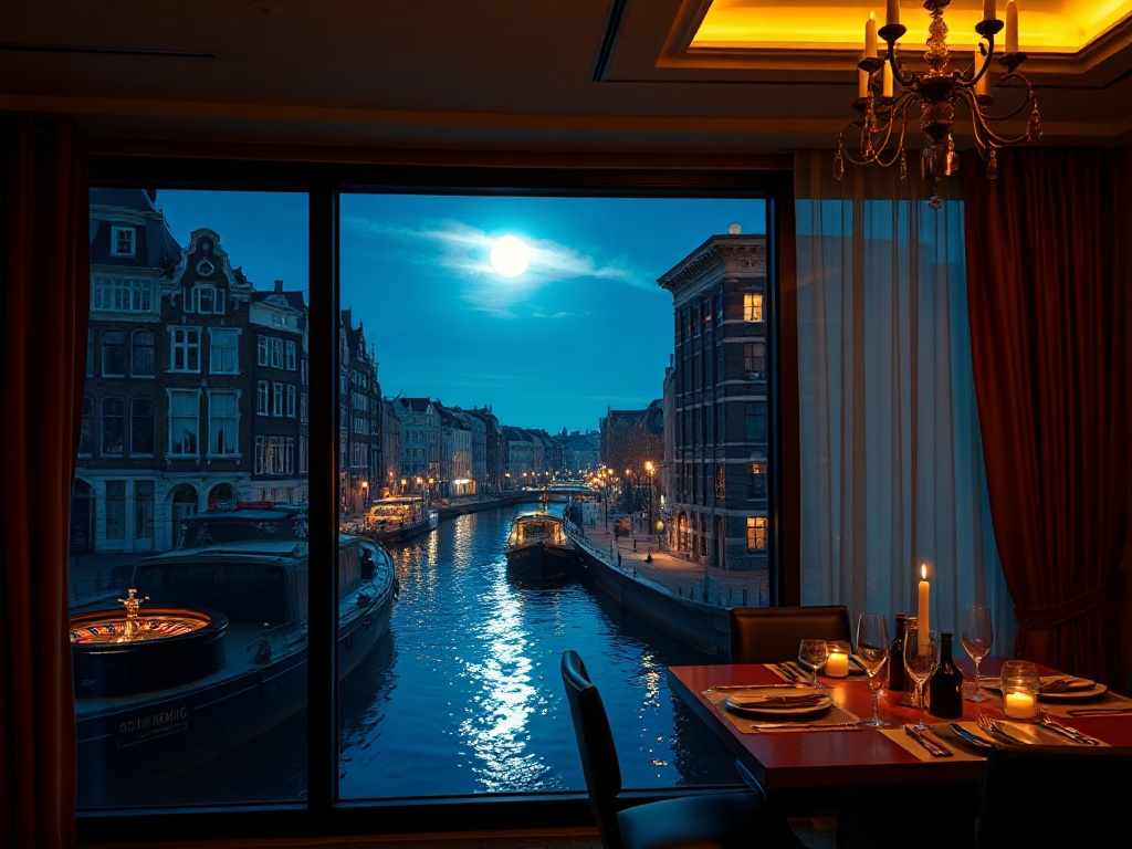 “moonlit Amsterdam canal beside a luxury hotel suite window,” “gold-lit casino lounge with roulette tables,” “serene spa steam room,” “elegant candlelit fine-dining table” “contemporary Dutch design, cinematic luxury atmosphere.”