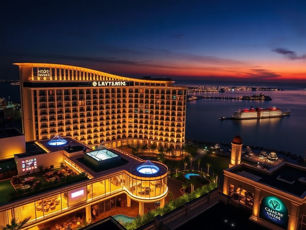 Oceanfront luxury casino hotel at night, rooftop dining lights, sleek suites with harbor view, elegant gaming lounge glow, serene spa steam, silhouettes.