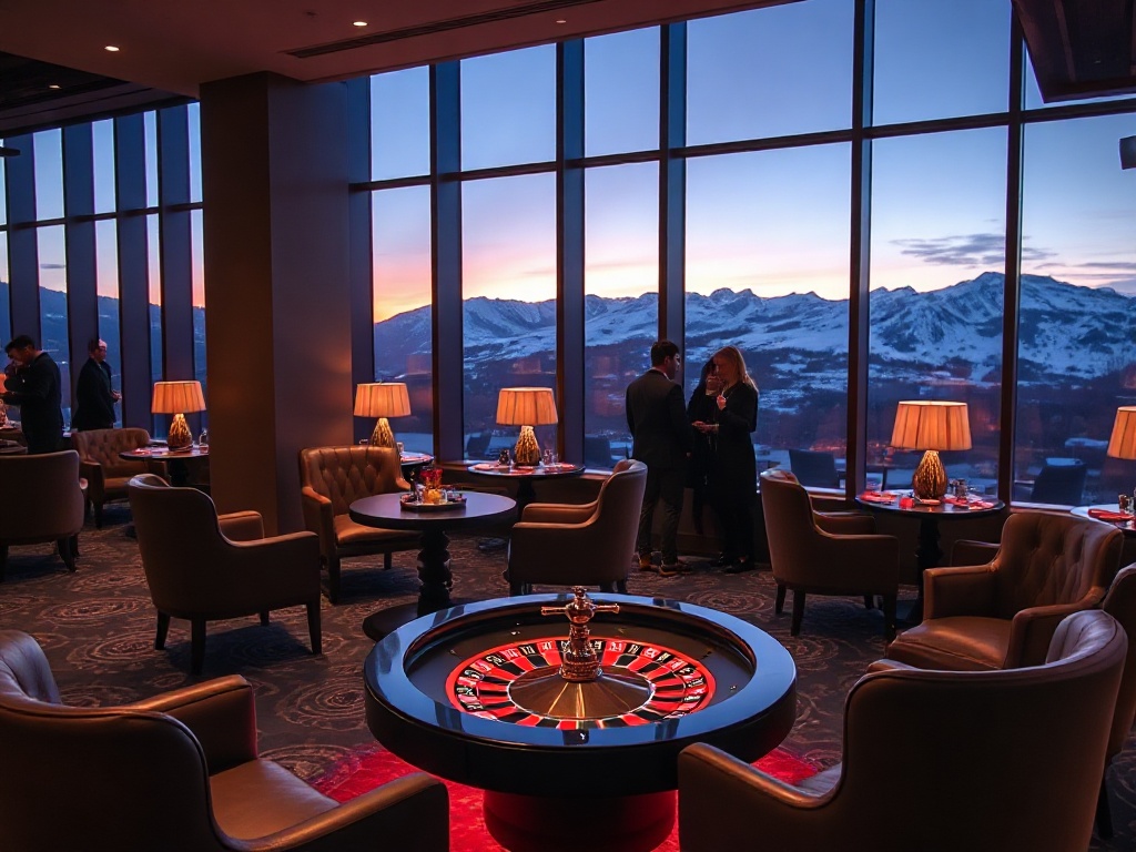 "luxury modern casino hotel interior lounge" "glowing roulette wheel, velvet chairs" "panoramic windows showing snow-capped Tatra peaks at dusk" "guests silhouettes, warm lights"
