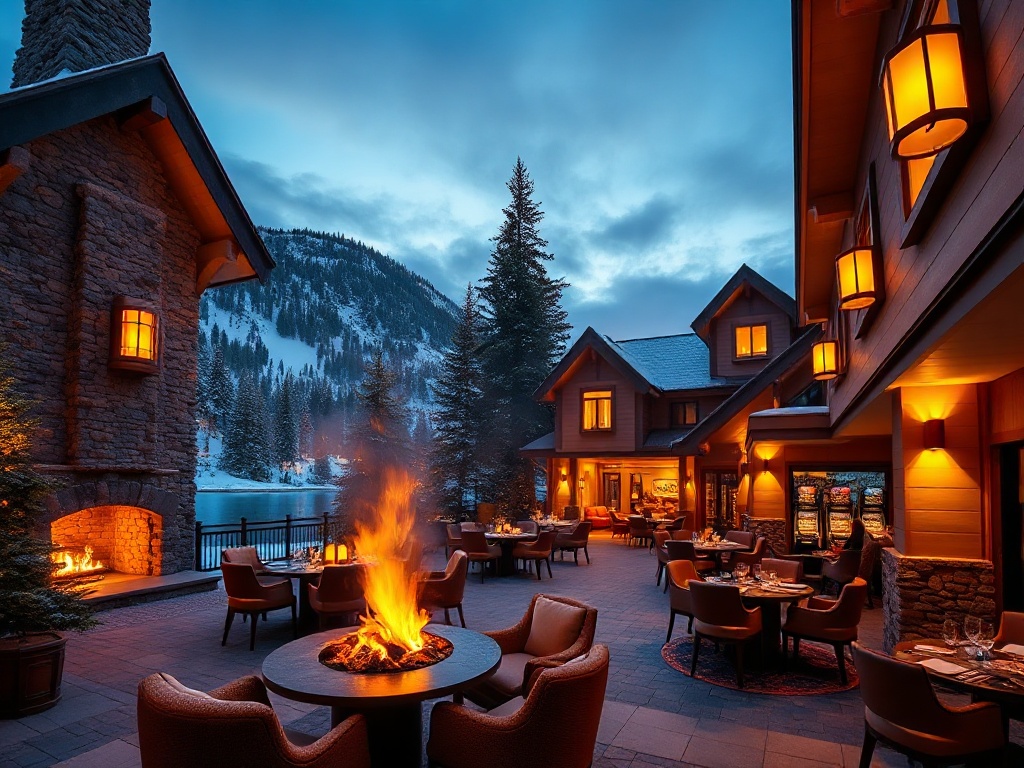 "luxury Canadian mountain-lodge resort courtyard at dusk" "glowing fireside lounge" "panoramic premium suite windows" "spa steam and robes silhouette" "elegant dining table with seasonal cuisine" "modern event hall with soft lights" "adult-only casino lou