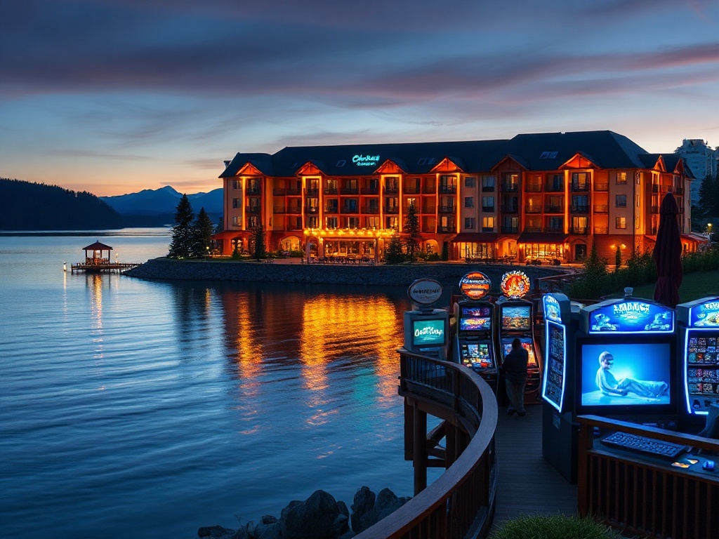 "Luxe Canadian casino hotel at dusk" "lakefront terrace with warm lights" "spa steam and massage room glow" "elegant gaming lounge" "mountain silhouettes"