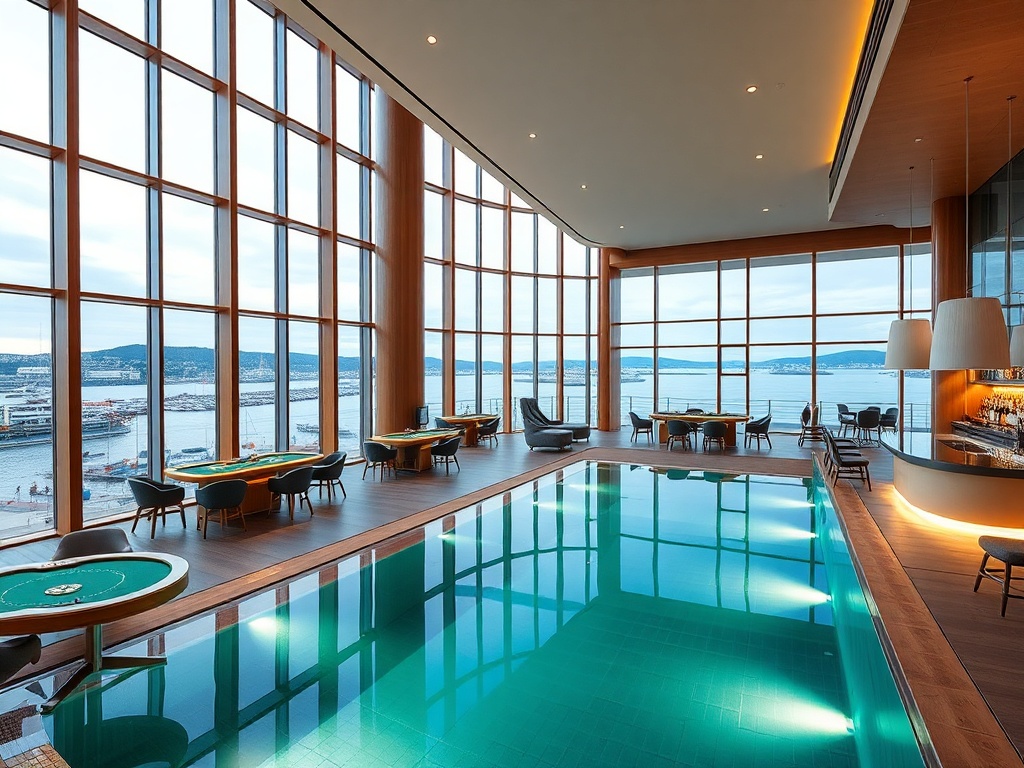 "luxury Oslo harbor casino hotel interior" "panoramic floor-to-ceiling windows" "minimal Scandinavian wood and glass" "glowing gaming tables" "soft spa steam" "infinity pool reflection" "Nordic cocktail bar"