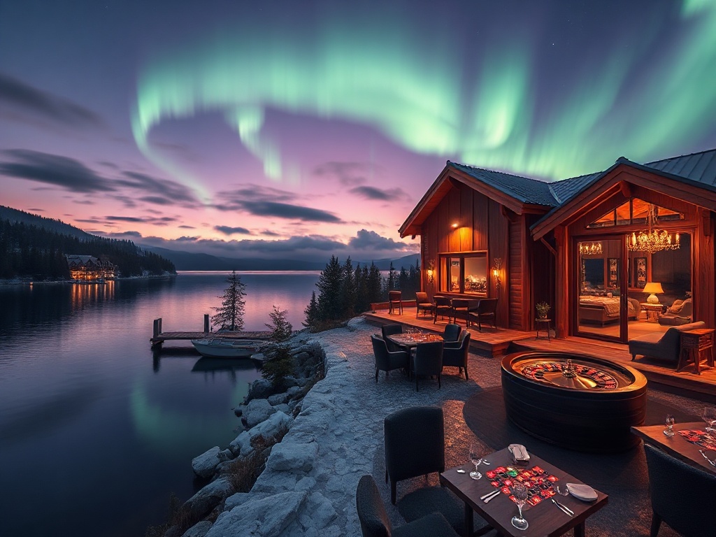 "Lakeside luxury hotel at night, warm wooden Scandinavian suite with panoramic glass, aurora glow, elegant casino lounge with roulette tables, Nordic spa sauna steam, refined dining ambiance, no people."