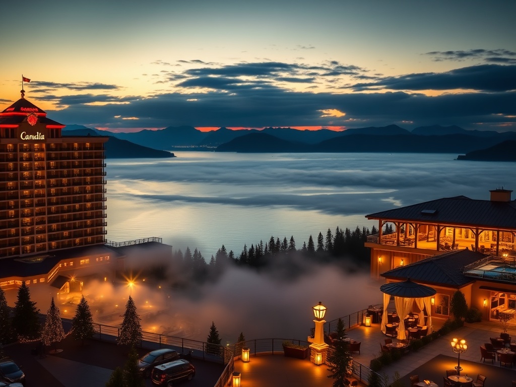 "Luxury Canadian casino hotel at dusk, panoramic lakefront with illuminated modern suites, elegant spa terrace mist, refined lounge lights, distant mountains, cinematic lighting."