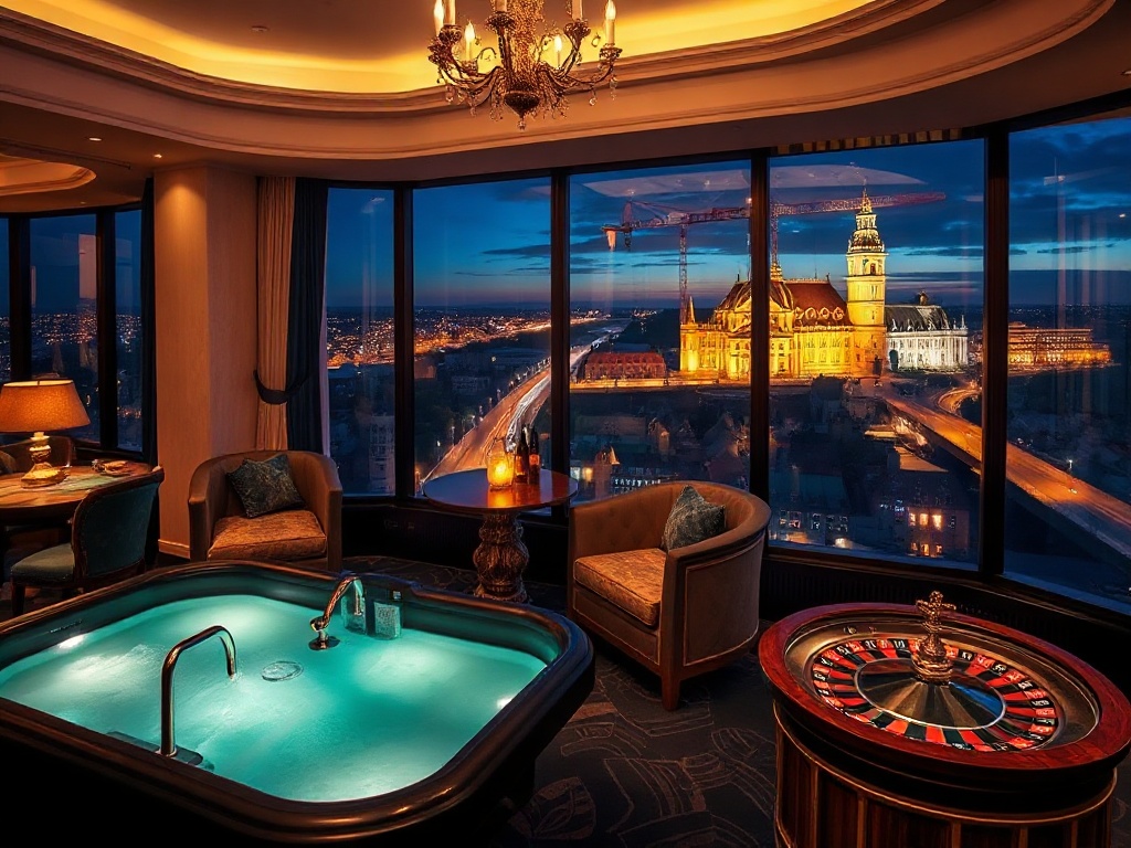“Luxe royal-themed suite overlooking Krakow old town lights”, “elegant gaming lounge with roulette glow”, “spa steam ambience”, “cocktail bar sparkle”, night luxury atmosphere.