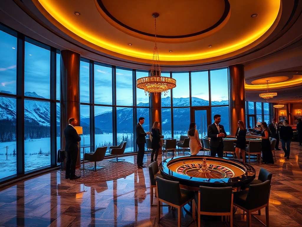 “Luxury casino hotel lobby at dusk” “tall panoramic windows overlooking snow-capped Tatra peaks” “glossy marble floors” “golden ambient lighting” “stylish guests silhouettes” “roulette table glow”