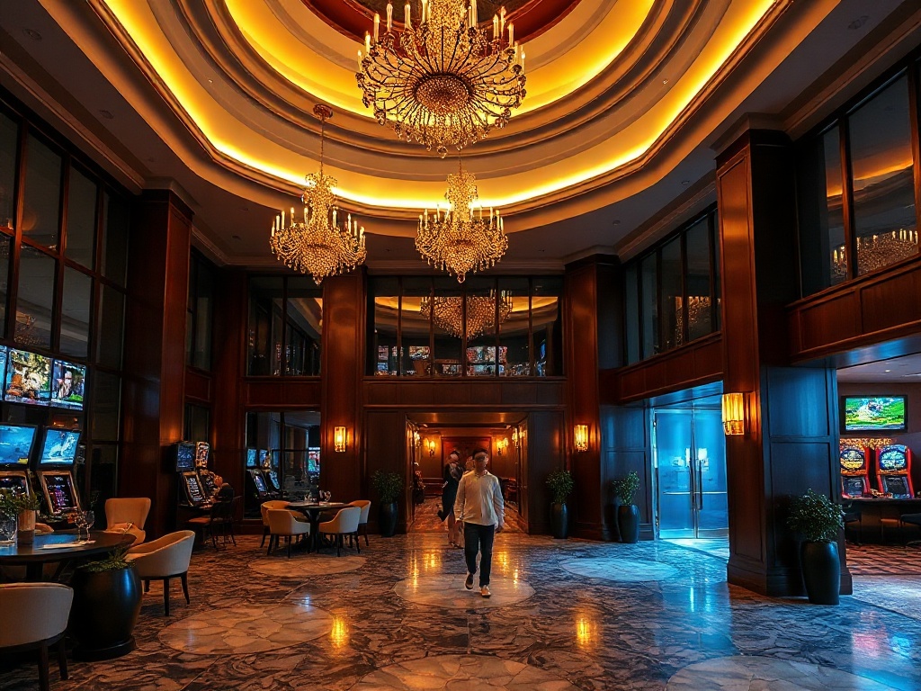 "Luxurious casino-hotel lobby merging Krakow cobblestones and Warsaw lights" "golden chandeliers" "velvet gaming lounge" "smoking-free warm glow" "inviting spa entrance" "couple walking"
