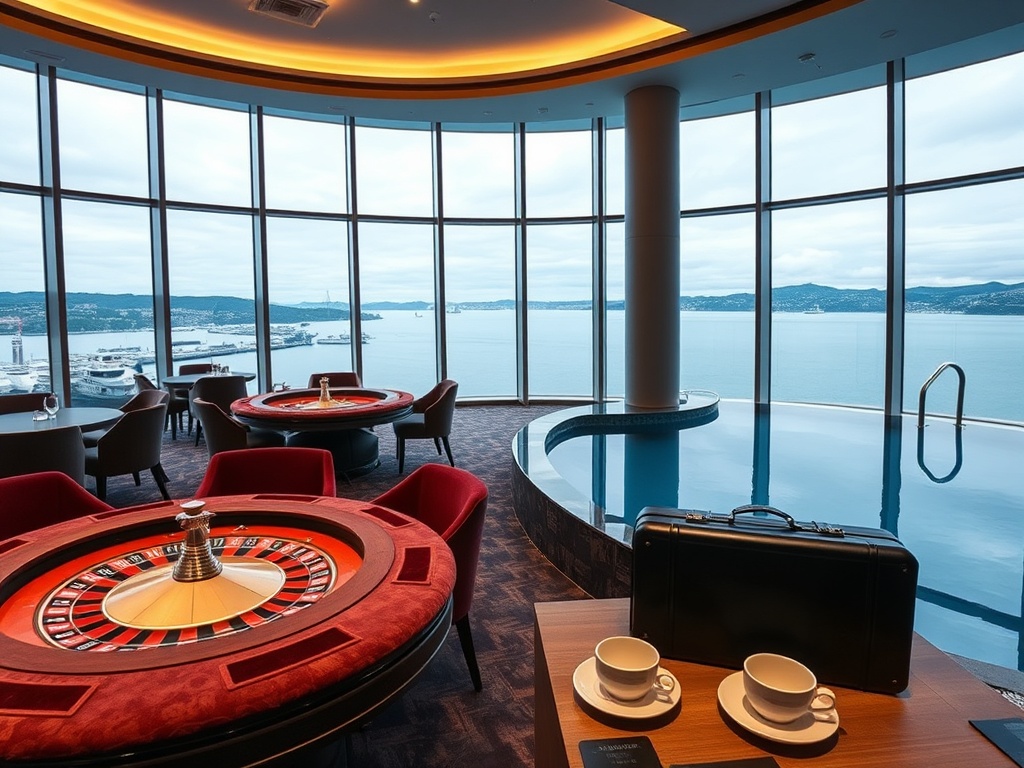 Sleek Scandinavian casino hotel interior, floor-to-ceiling windows over Oslo harbor, velvet gaming tables with soft roulette glow, gourmet dining plates, calm spa infinity pool, matcha travel case beside ceramic tea set.