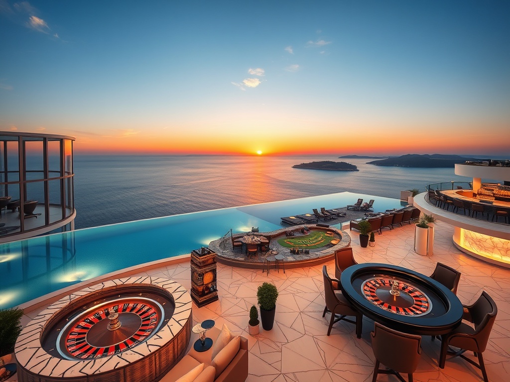 "Aegean luxury casino hotel at sunset, glass-walled suites, infinity pool over the sea, elegant gaming lounge with roulette and blackjack, marble accents, Mediterranean spa, rooftop bar with sunset views, soft lighting, island landscape in the distance"