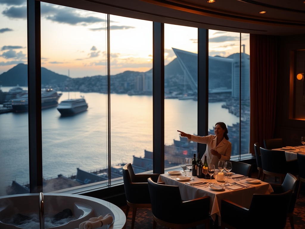 "Luxury Australian casino hotel testimonial mood scene, harbour-view suite window, soft ocean light, elegant lounge ambiance, spa steam glow, fine dining table, warm attentive staff, cinematic realism."