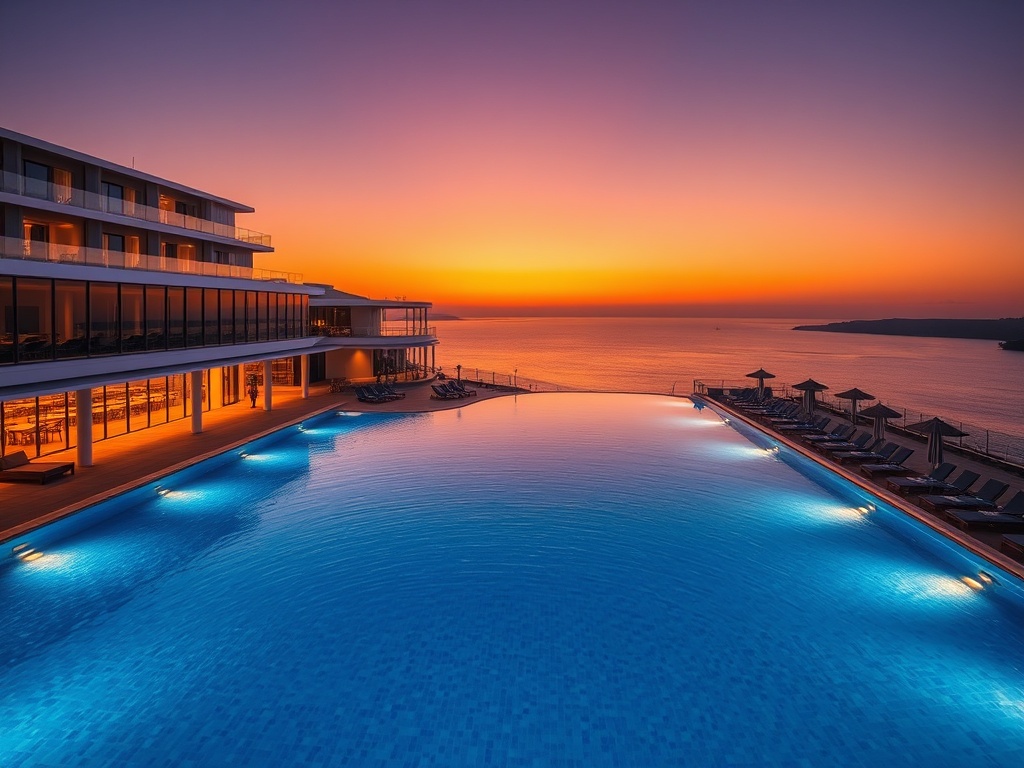 "Aegean luxury casino resort facade at sunset, infinity pool spills into blue sea, glass-walled suites, premium gaming lounge glow, mediterranean dining al fresco, spa terrace, island nightlife silhouettes."