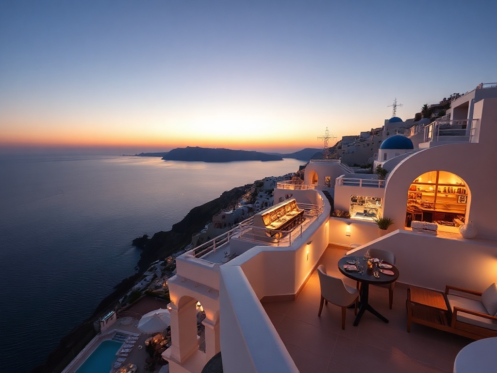 Luxury Santorini-inspired casino hotel hero view, white-and-azure cliffside suites, sea-view balcony, warm soft lights, elegant gaming lounge glow, sunset over calm Aegean.