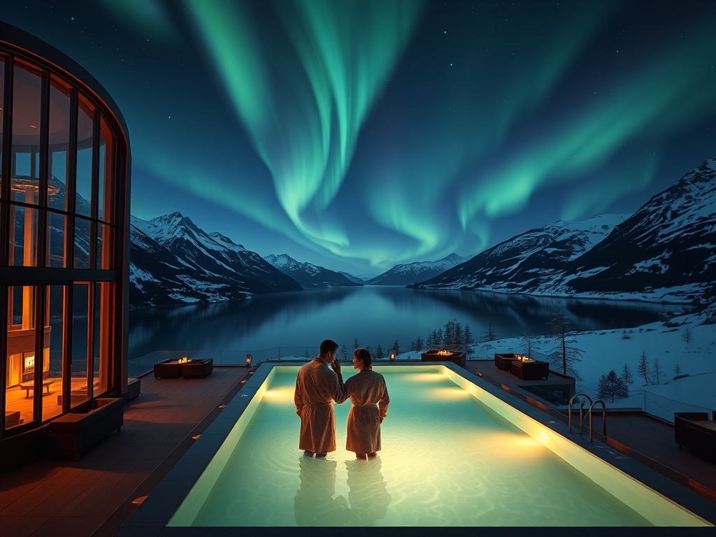 Luxury fjord-side casino hotel at night, floor-to-ceiling windows glow, Northern Lights overhead, couple in robe by heated pool, snow peaks, elegant lounge ambiance.