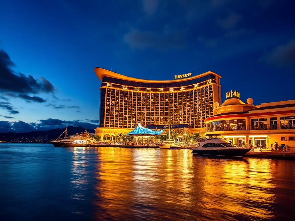 "Stunning luxury harbour casino hotel at night, oceanfront lights reflecting on water, elegant skyline behind, rooftop glow, serene waves, gold accents, inviting ambiance"