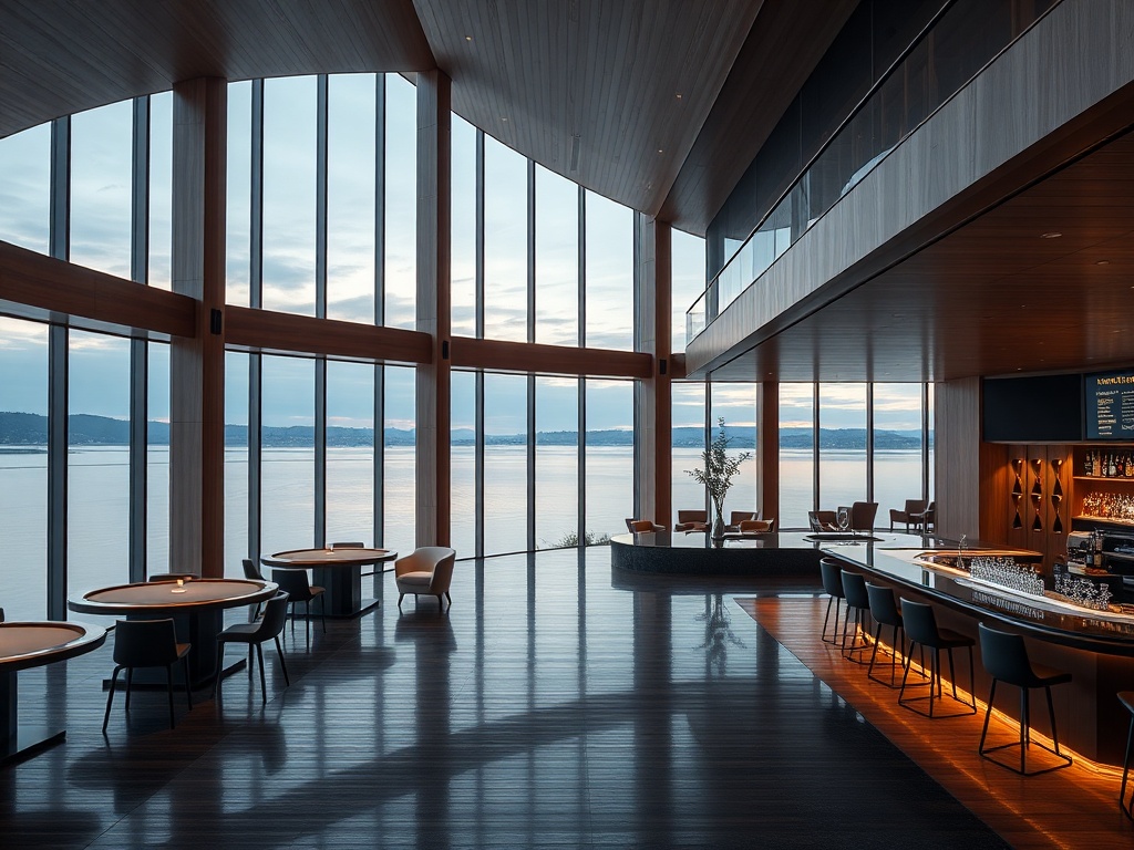 "luxury Oslo harbor casino hotel interior" "panoramic floor-to-ceiling windows" "minimal Scandinavian wood and glass" "glowing gaming tables" "soft spa steam" "infinity pool reflection" "Nordic cocktail bar"