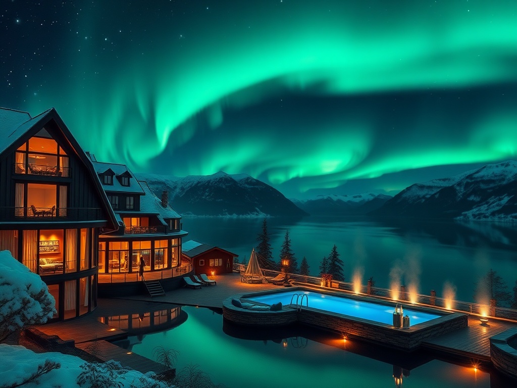 "Luxury Norwegian fjord hotel at night, Northern Lights overhead, floor-to-ceiling suite windows, private terrace with warm lights, elegant casino lounge glow, Nordic spa steam, heated pool reflections" You MUST not include ANY brand images or logos. You 