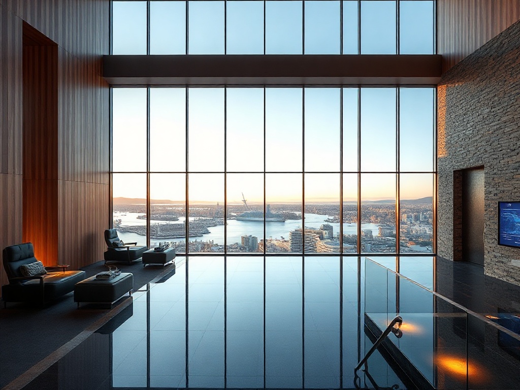 “luxury Oslo casino hotel lobby, minimalist Scandinavian wood and stone, panoramic harbor skyline through floor-to-ceiling windows, subtle gaming glow, elegant spa infinity pool visible, warm evening light”
