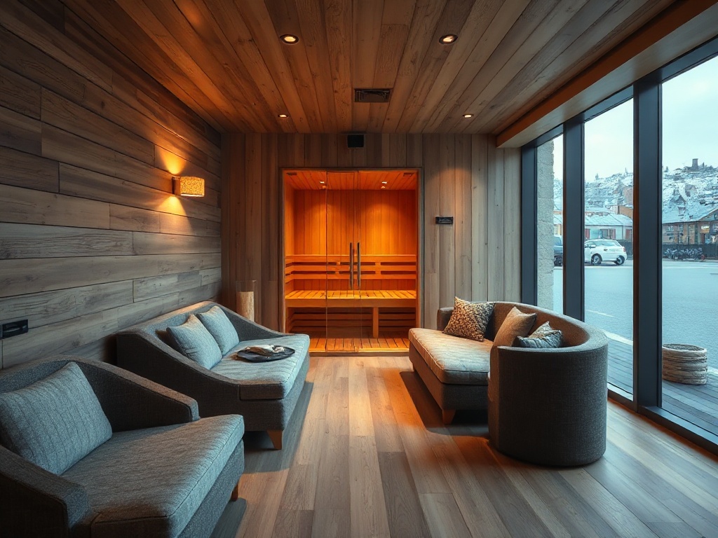"Nordic luxury lounge beside a warm sauna steam room, soft arctic light, natural wood, plush seating, calm spa ambiance, subtle casino glow, refined hospitality."