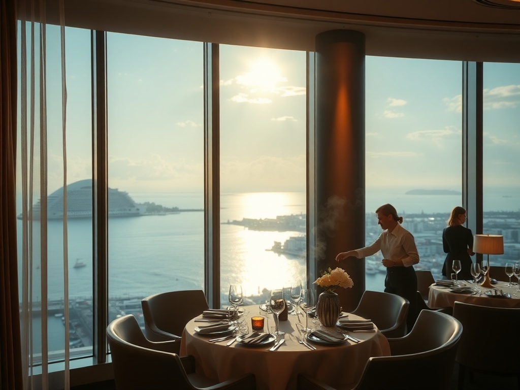 "Luxury Australian casino hotel testimonial mood scene, harbour-view suite window, soft ocean light, elegant lounge ambiance, spa steam glow, fine dining table, warm attentive staff, cinematic realism."