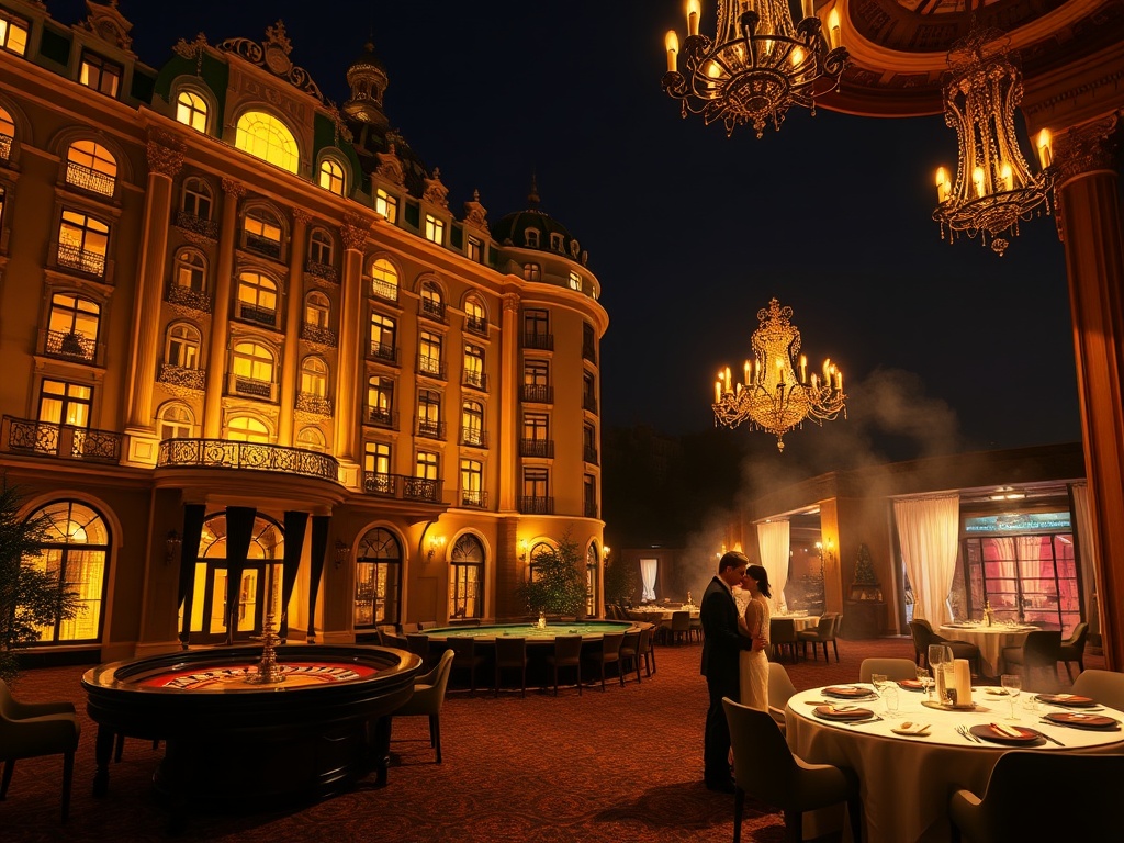 "Opulent Warsaw-inspired palace hotel exterior at night" "glowing elegant suites windows" "luxury casino lounge interior" "roulette table, blackjack ambiance, poker chips" "fine dining table" "spa steam and massage glow" "couples in velvet evening attire"