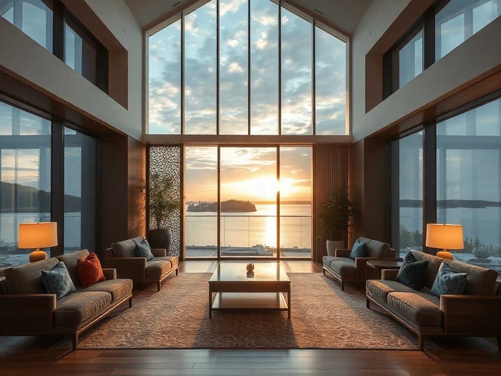 "Warm modern lobby with Canadian lake view through floor-to-ceiling windows, plush seating, soft lighting, subtle luxury spa ambiance, panoramic comfort, inviting atmosphere"