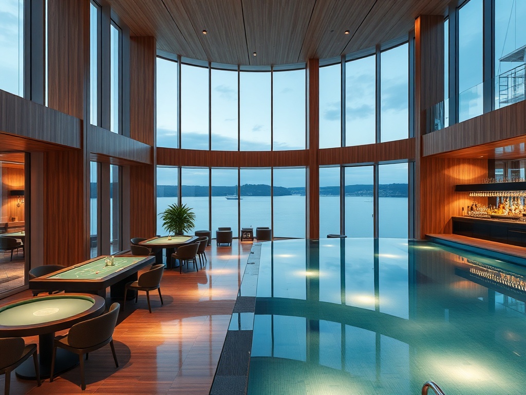 "luxury Oslo harbor casino hotel interior" "panoramic floor-to-ceiling windows" "minimal Scandinavian wood and glass" "glowing gaming tables" "soft spa steam" "infinity pool reflection" "Nordic cocktail bar"