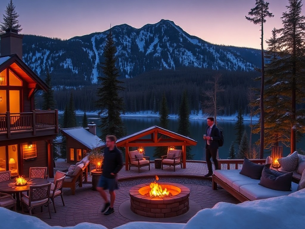 "Upscale Canadian mountain-lodge resort at dusk, glowing fireside lounge lights, pine forests, tranquil lake reflections, elegant guests arriving, inviting luxury ambiance"