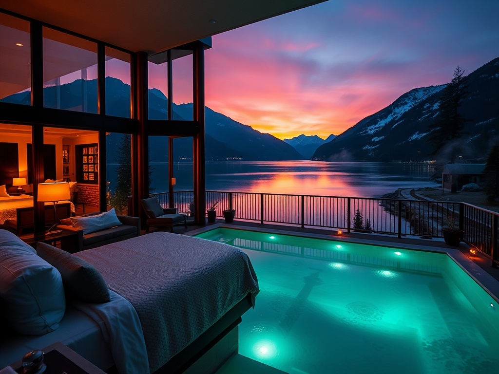 "Luxury lakefront suite at dusk" "large panoramic windows reflecting aurora-like glow" "warm interiors with plush bedding" "subtle casino ambience lights" "alpine spa steam haze" "mountain backdrop" "elegant silhouettes by balcony".