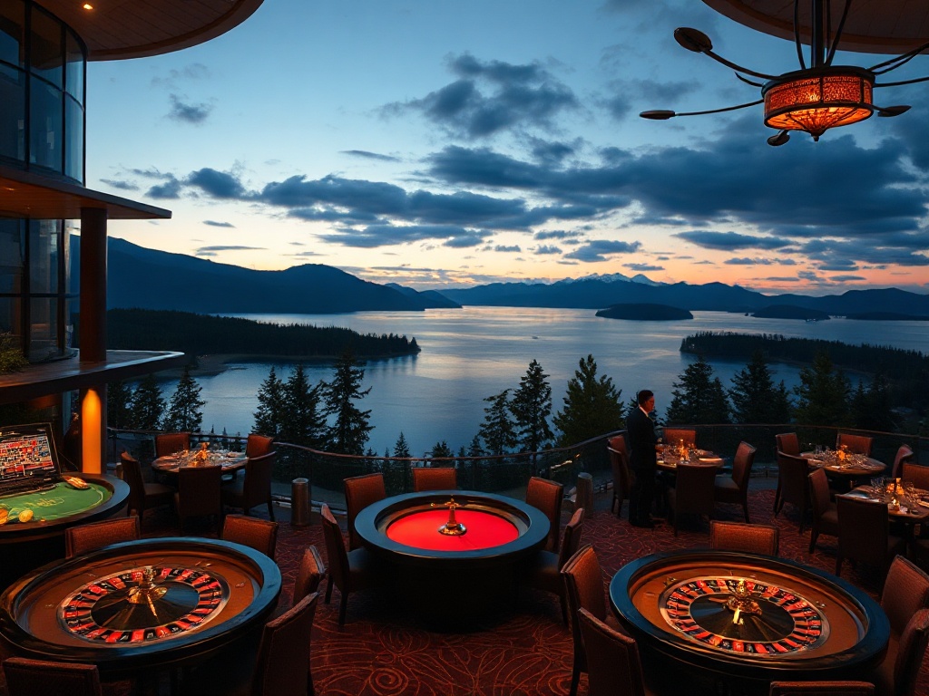 "Luxury Canadian casino hotel at dusk overlooking a tranquil lake and distant mountains" "glowing modern gaming lounge with elegant roulette tables" "spa steam room ambience with soft candles" "fine dining candlelit terrace" "warm nightlife lights, people