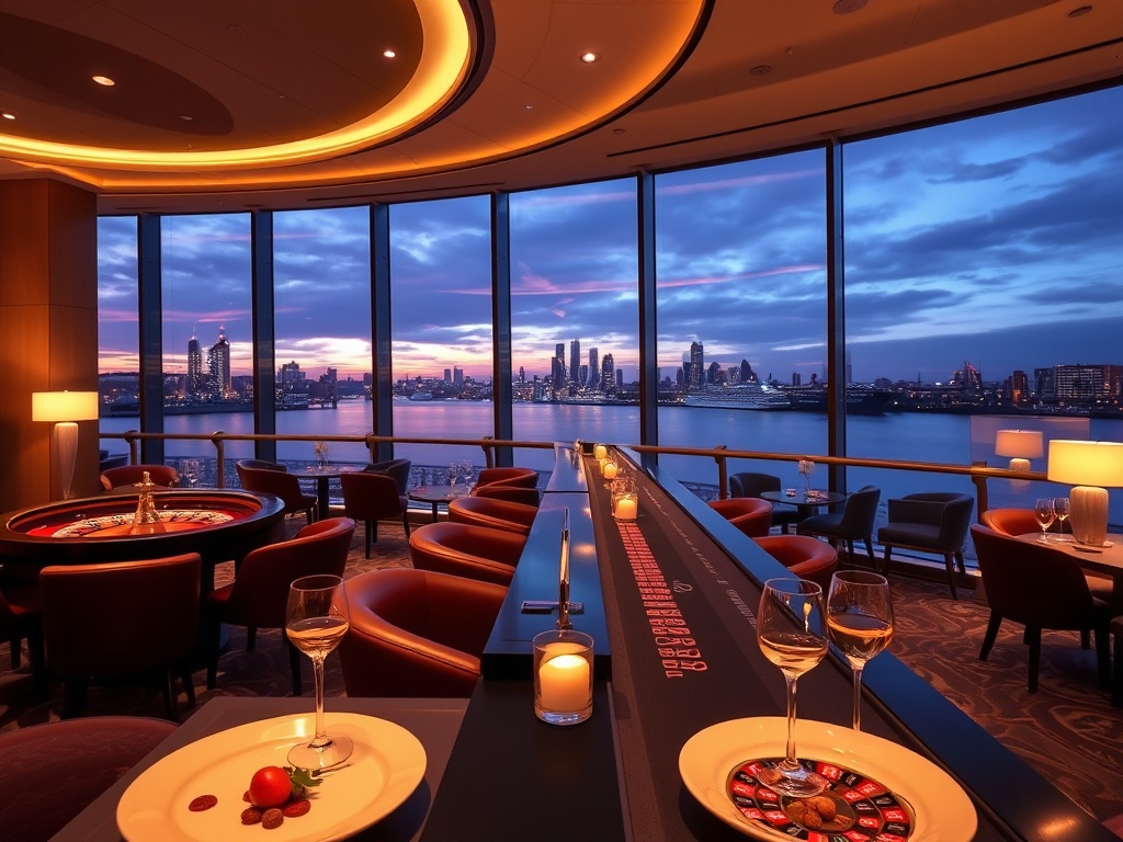 A sleek Rotterdam waterfront casino hotel at dusk, elegant lounge with roulette tables, candlelit tasting plates, artisan cocktails, warm refined lighting, panoramic skyline.