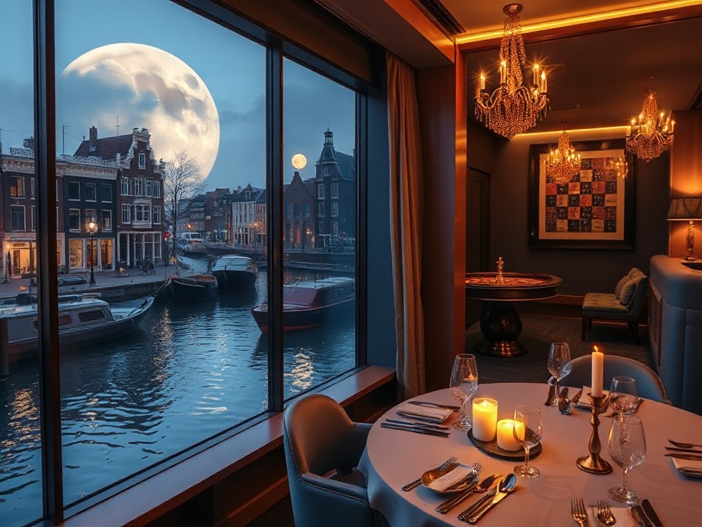 “moonlit Amsterdam canal beside a luxury hotel suite window,” “gold-lit casino lounge with roulette tables,” “serene spa steam room,” “elegant candlelit fine-dining table” “contemporary Dutch design, cinematic luxury atmosphere.”