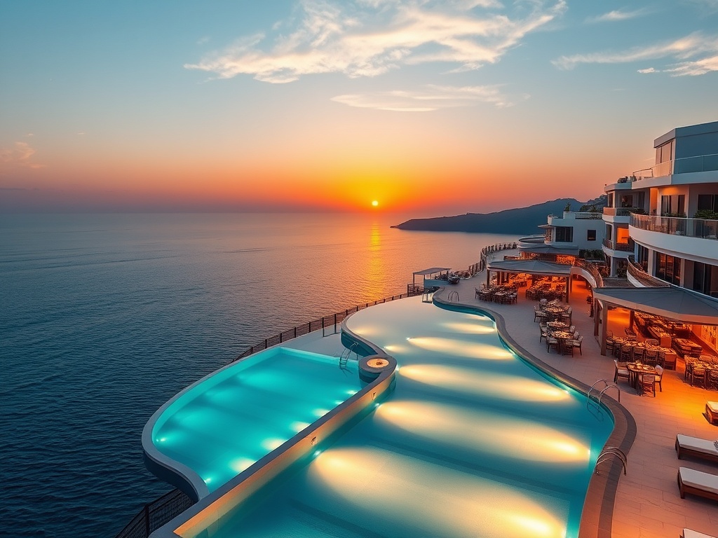 "Aegean luxury casino resort facade at sunset, infinity pool spills into blue sea, glass-walled suites, premium gaming lounge glow, mediterranean dining al fresco, spa terrace, island nightlife silhouettes."