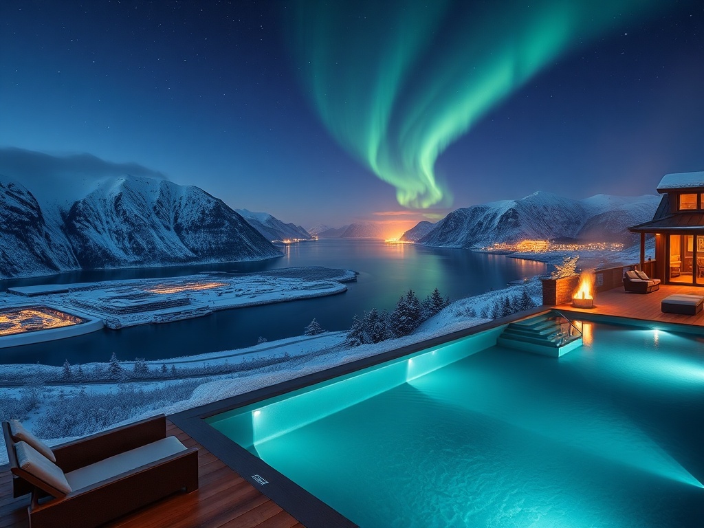 Panoramic Norway luxury casino resort overlooking snowy fjords at night, elegant suite windows, warm gaming lounge glow, serene Nordic spa steam, heated pool reflections, Northern Lights.
