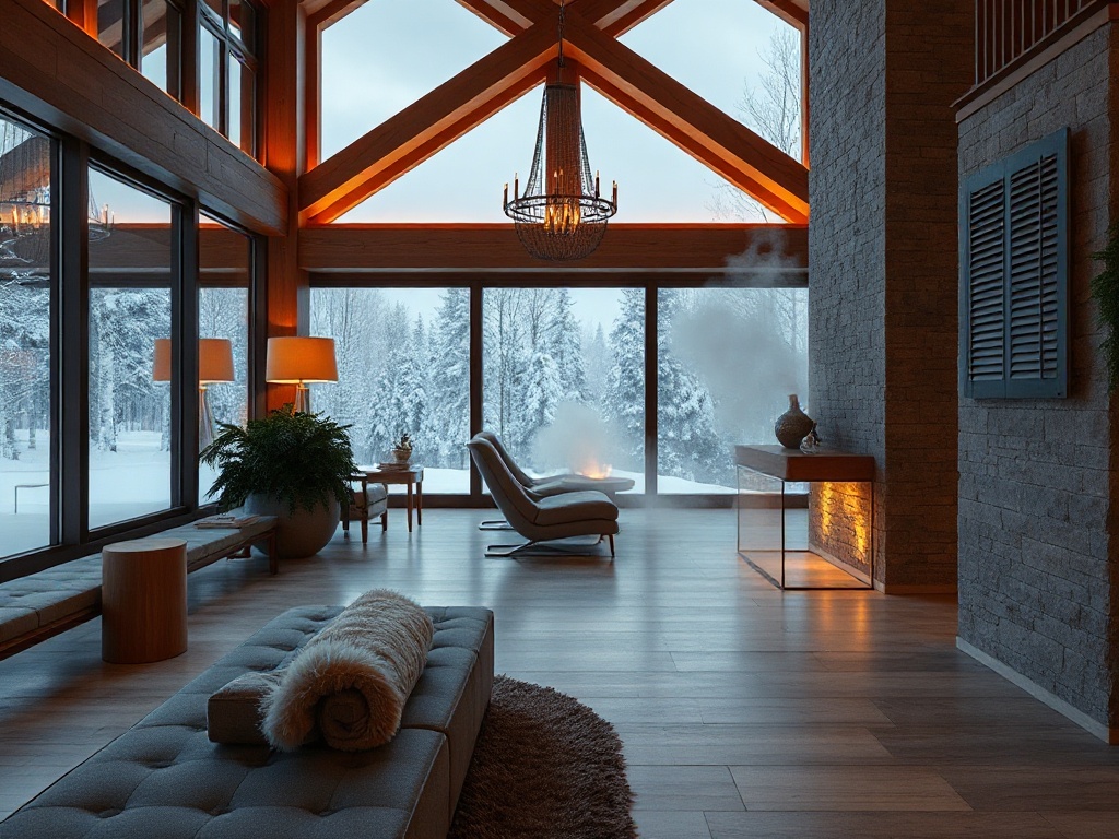 "Nordic luxury interior lobby with warm amber lighting, snow-dusted windows, soft fur throw, minimal décor in birch and stone, tranquil spa steam glow, distant cocktail silhouettes, calm December mood".