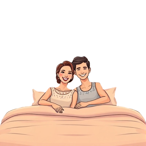 Carefully describe an image showing "couple" in a "suite" with "smile"—a warm, welcoming luxury-hotel scene in a Warsaw-inspired style with elegant arched window shapes, a plush bed silhouette, tasteful decorative patterns, and a calm, stress-free mood;
