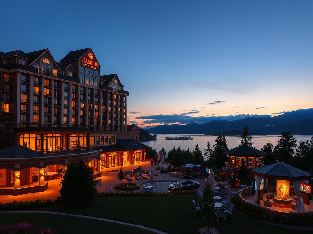 "Luxe Canadian casino hotel at dusk" "lakefront terrace with warm lights" "spa steam and massage room glow" "elegant gaming lounge" "mountain silhouettes"