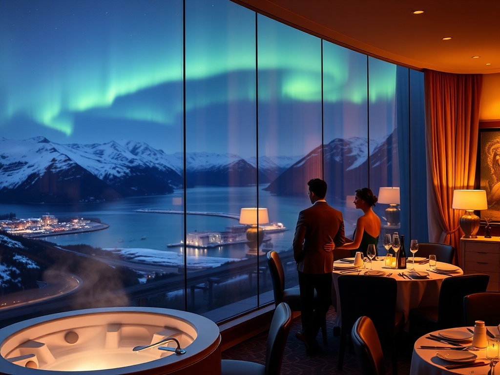 Panoramic fjord hotel at night, Northern Lights over snow peaks, elegant couple near window suite, warm spa steam, subtle casino glow, refined dining table, no people holding cards.